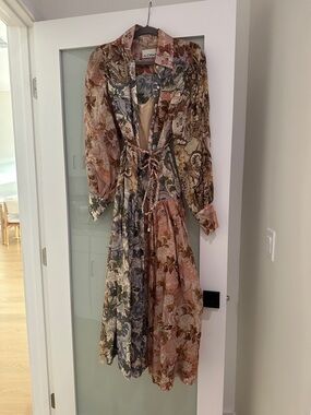 Alemais Patchwork Floral Long Sleeve Tie-Waist Midi Dress